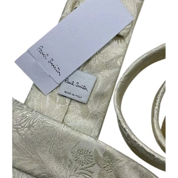 NEW PAUL SMITH Men's 100% Silk Necktie LUXURY Tie Beige Floral W:2.5" - Picture 2 of 4